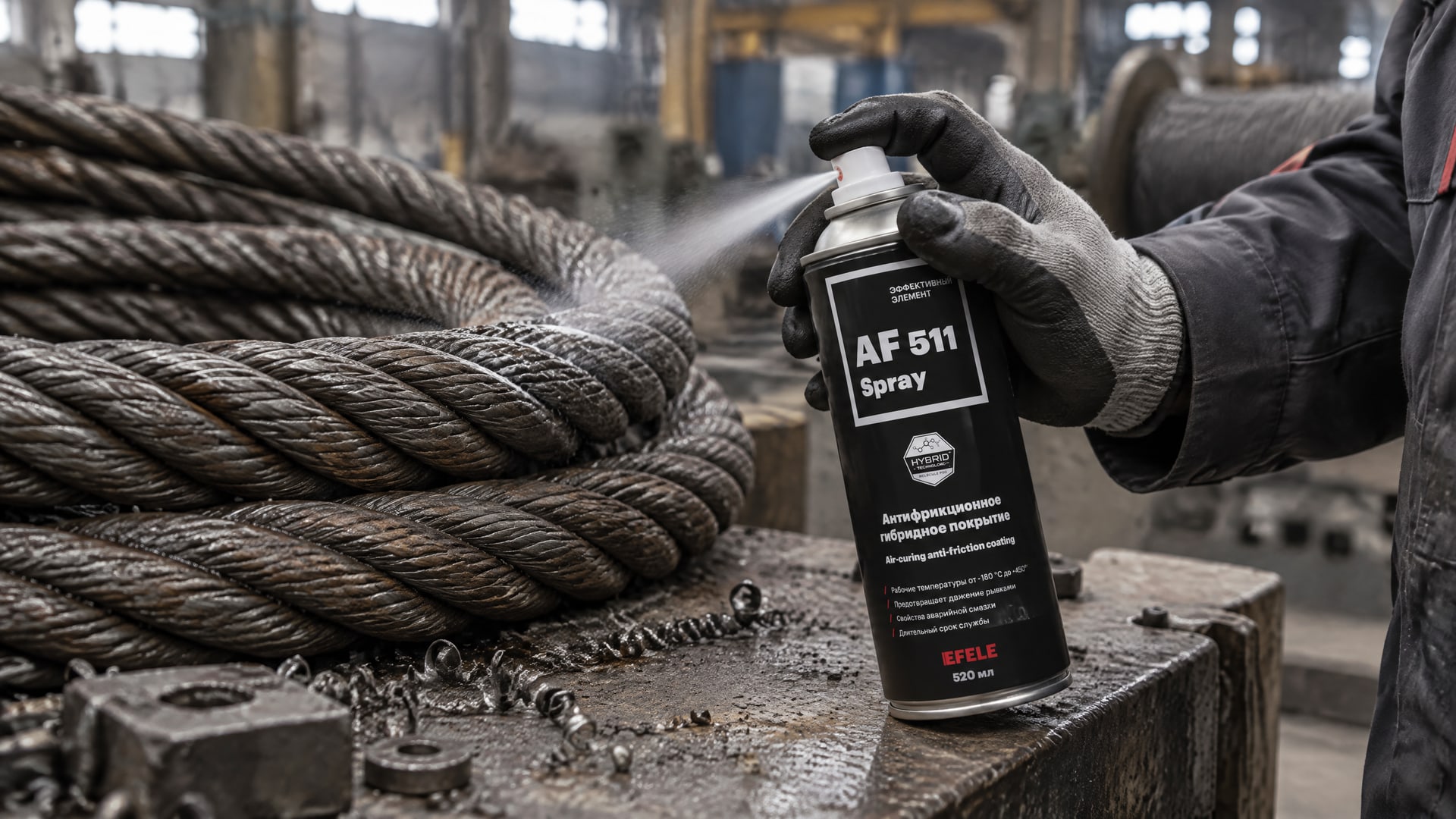 Рука распыляет EFELE AF-511 Spray на стальной канат.